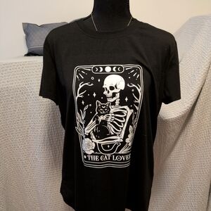 Black Graphic Tee with Skeleton and Cat Design
